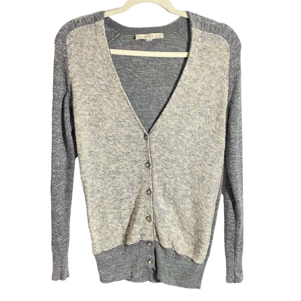 Ann Taylor LOFT Gray Metallic Thread V Neck Button Up Cardigan Sweater Size XS